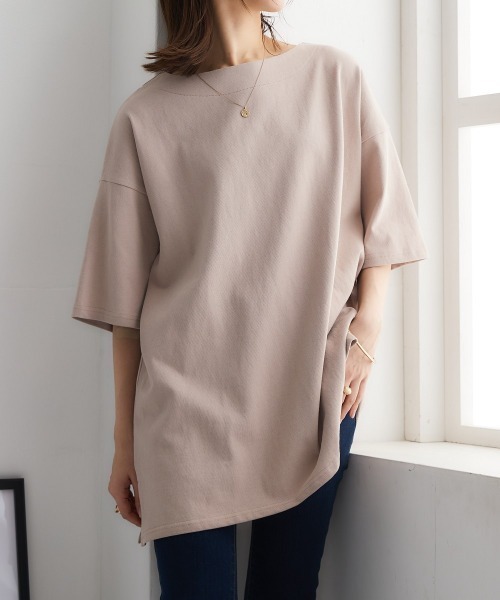 nissen（ニッセン）の「【販売終了】綿１００％バスクオーバーサイズ５分袖チュニック（Tシャツ/カットソー・レディース・ライトカーキ/グレイッシュベージュ/グレイッシュブルー/ブラック/オフホワイト・S～Ｍ/L～LL）」の12枚目の写真