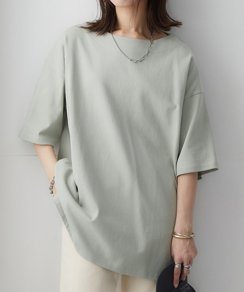 nissen（ニッセン）の「【販売終了】綿１００％バスクオーバーサイズ５分袖チュニック（Tシャツ/カットソー・レディース・ライトカーキ/グレイッシュベージュ/グレイッシュブルー/ブラック/オフホワイト・S～Ｍ/L～LL）」の14枚目の写真