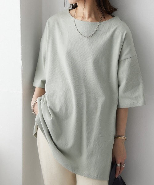 nissen（ニッセン）の「【販売終了】綿１００％バスクオーバーサイズ５分袖チュニック（Tシャツ/カットソー・レディース・ライトカーキ/グレイッシュベージュ/グレイッシュブルー/ブラック/オフホワイト・S～Ｍ/L～LL）」の11枚目の写真