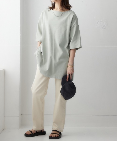 nissen（ニッセン）の「【販売終了】綿１００％バスクオーバーサイズ５分袖チュニック（Tシャツ/カットソー・レディース・ライトカーキ/グレイッシュベージュ/グレイッシュブルー/ブラック/オフホワイト・S～Ｍ/L～LL）」の9枚目の写真