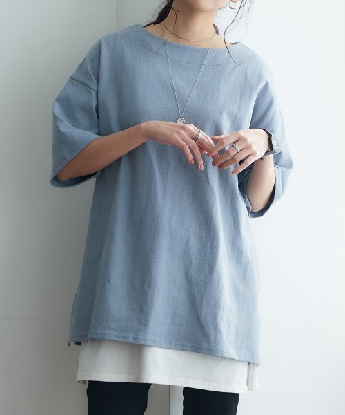 nissen（ニッセン）の「【販売終了】綿１００％バスクオーバーサイズ５分袖チュニック（Tシャツ/カットソー・レディース・ライトカーキ/グレイッシュベージュ/グレイッシュブルー/ブラック/オフホワイト・S～Ｍ/L～LL）」の13枚目の写真