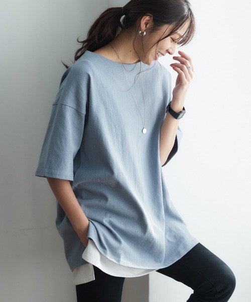 nissen（ニッセン）の「【販売終了】綿１００％バスクオーバーサイズ５分袖チュニック（Tシャツ/カットソー・レディース・ライトカーキ/グレイッシュベージュ/グレイッシュブルー/ブラック/オフホワイト・S～Ｍ/L～LL）」の19枚目の写真