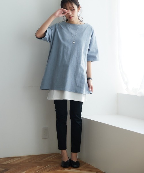 nissen（ニッセン）の「【販売終了】綿１００％バスクオーバーサイズ５分袖チュニック（Tシャツ/カットソー・レディース・ライトカーキ/グレイッシュベージュ/グレイッシュブルー/ブラック/オフホワイト・S～Ｍ/L～LL）」の7枚目の写真