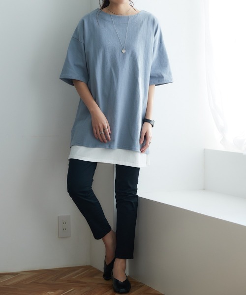 nissen（ニッセン）の「【販売終了】綿１００％バスクオーバーサイズ５分袖チュニック（Tシャツ/カットソー・レディース・ライトカーキ/グレイッシュベージュ/グレイッシュブルー/ブラック/オフホワイト・S～Ｍ/L～LL）」の21枚目の写真