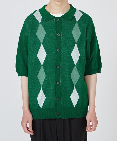 improves（インプローブス）の「ダイヤ アーガイル柄 半袖 ニット ポロカーディガン（ポロシャツ・メンズ・ベージュ/グリーン/ブラック・MEDIUM/LARGE/X-LARGE）」の3枚目の写真