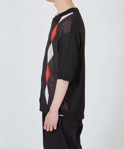 improves（インプローブス）の「ダイヤ アーガイル柄 半袖 ニット ポロカーディガン（ポロシャツ・メンズ・ベージュ/グリーン/ブラック・MEDIUM/LARGE/X-LARGE）」の4枚目の写真