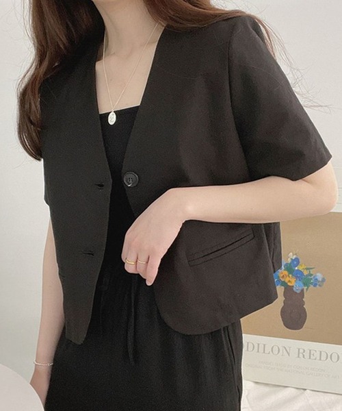 SALE★新品タグ付【plage】麻シャツジャケット リネン ノーカラー セール】麻ライク半袖ノーカラージャケット（ノーカラー