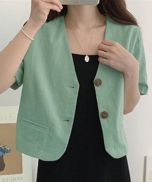 SALE★新品タグ付【plage】麻シャツジャケット リネン ノーカラー セール】レディース 半袖リネンライクシャツジャケット（ノー