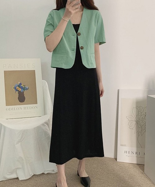 DAY CLOSET（デイ クローゼット）の「レディース 半袖リネンライクシャツジャケット（ノーカラージャケット・レディース・アイボリー/ブラック/グリーン・M/XL/L）」の11枚目の写真