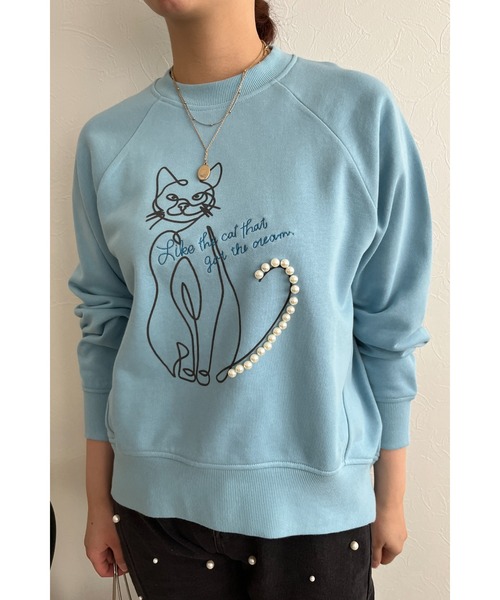 palm RICHE(ポームリシュ)の「ネコパールフロッキーTOPS(スウェット・レディース・サックスブルー/オフホワイト/チャコールグレー・M)」の3枚目の写真