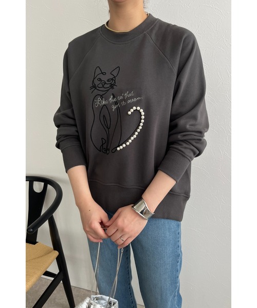 palm RICHE(ポームリシュ)の「ネコパールフロッキーTOPS(スウェット・レディース・サックスブルー/オフホワイト/チャコールグレー・M)」の1枚目の写真