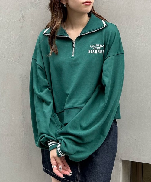 INGNI（イング）の「ハーフジップ胸ロゴライン配色ショートトップス（スウェット・レディース・ブラック/グレー/オートミール/グリーン・M）」の18枚目の写真