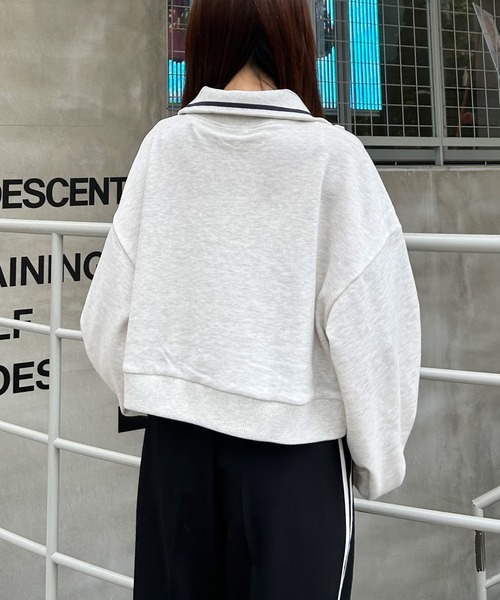 INGNI（イング）の「ハーフジップ胸ロゴライン配色ショートトップス（スウェット・レディース・ブラック/グレー/オートミール/グリーン・M）」の6枚目の写真