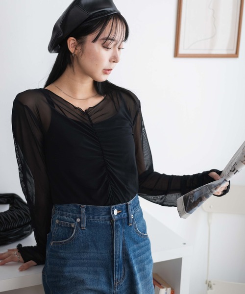 WEGO(ウィゴー)の「WEGO/キャミセットギャザーシアーロンT(Tシャツ/カットソー・レディース・ブラック/オフホワイト・FREE)」の1枚目の写真