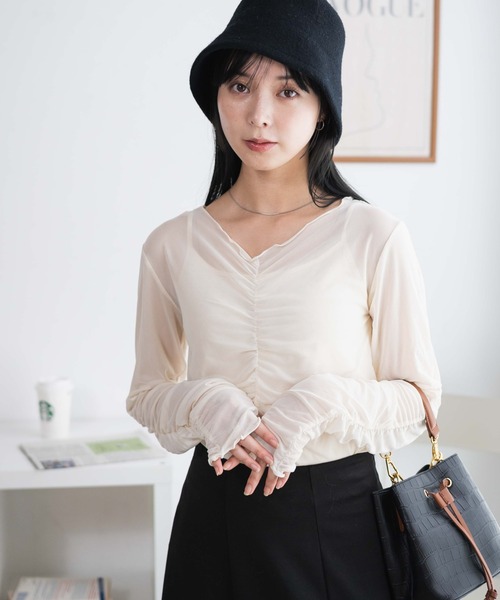 WEGO(ウィゴー)の「WEGO/キャミセットギャザーシアーロンT(Tシャツ/カットソー・レディース・ブラック/オフホワイト・FREE)」の10枚目の写真