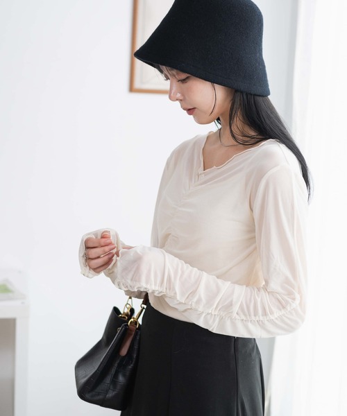 WEGO(ウィゴー)の「WEGO/キャミセットギャザーシアーロンT(Tシャツ/カットソー・レディース・ブラック/オフホワイト・FREE)」の11枚目の写真