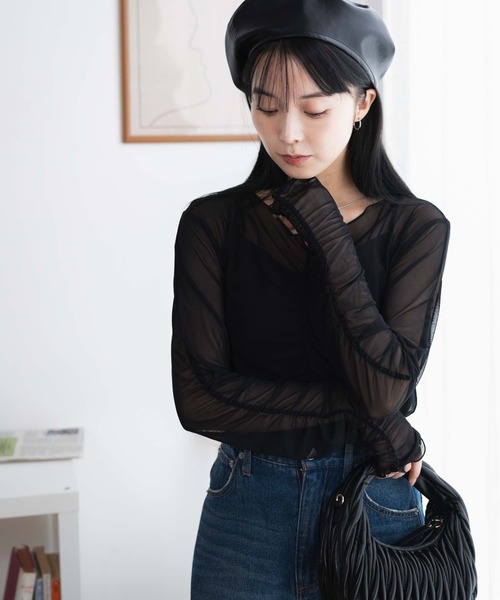 WEGO(ウィゴー)の「WEGO/キャミセットギャザーシアーロンT(Tシャツ/カットソー・レディース・ブラック/オフホワイト・FREE)」の14枚目の写真