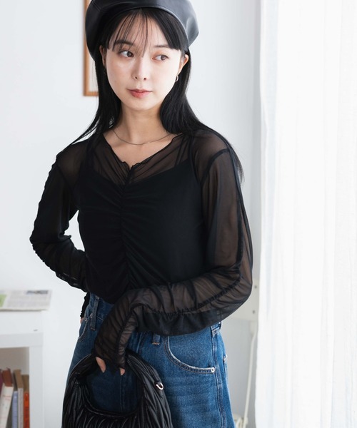 WEGO(ウィゴー)の「WEGO/キャミセットギャザーシアーロンT(Tシャツ/カットソー・レディース・ブラック/オフホワイト・FREE)」の15枚目の写真
