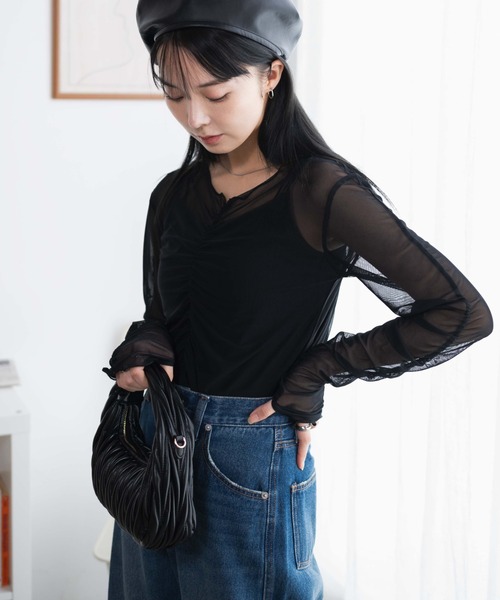 WEGO(ウィゴー)の「WEGO/キャミセットギャザーシアーロンT(Tシャツ/カットソー・レディース・ブラック/オフホワイト・FREE)」の16枚目の写真