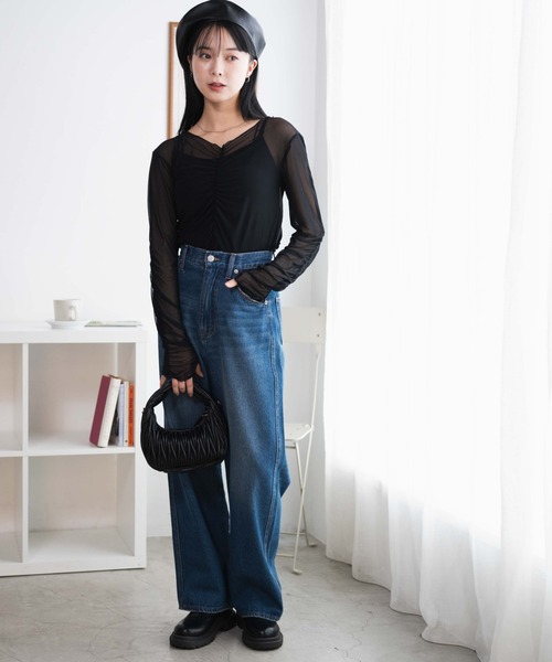 WEGO(ウィゴー)の「WEGO/キャミセットギャザーシアーロンT(Tシャツ/カットソー・レディース・ブラック/オフホワイト・FREE)」の4枚目の写真