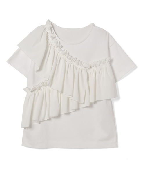 Ray BEAMS(レイビームス)の「RBS / アシンメトリー ギャザー フリル Tシャツ(Tシャツ/カットソー・レディース・ホワイト/ブラック・ONE SIZE)」の4枚目の写真