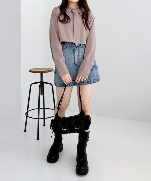 Heather(ヘザー)の「ネクタイショートシャツ 105335(シャツ/ブラウス・レディース・ブルー/ベージュ系その他/グレー系その他・FREE)」の1枚目の写真