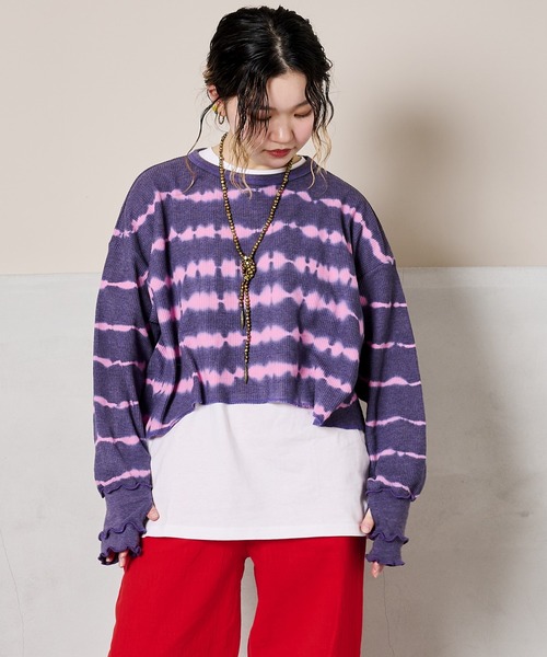BIG FIELD(ビッグフィールド)の「ロングリブタイダイワッフルカットソー/おとな(Tシャツ/カットソー・レディース・グリーン/ネイビー/ベージュ・160cm)」の3枚目の写真