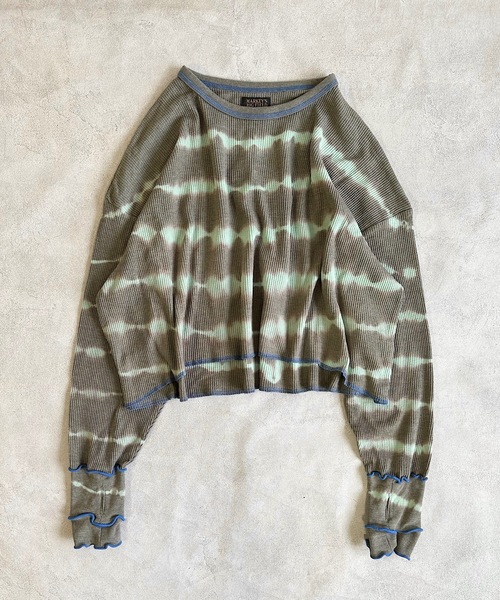 BoTT ワッフル生地 アートプリント 長袖カットソー オリーブ 美品 BoTT ワッフル生地 アートプリント 長袖カットソー オリーブ 美