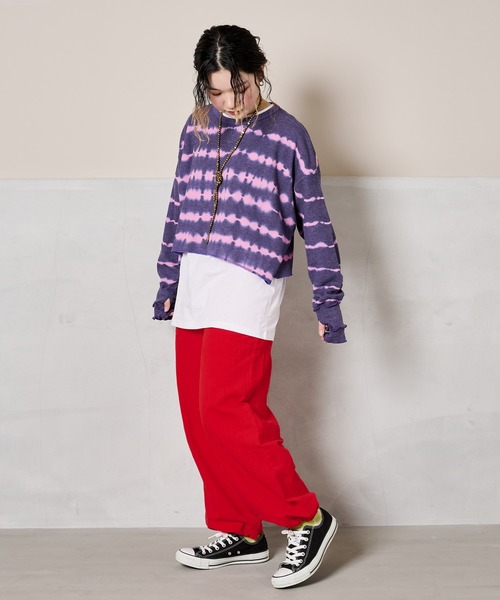 BIG FIELD(ビッグフィールド)の「ロングリブタイダイワッフルカットソー/おとな(Tシャツ/カットソー・レディース・グリーン/ネイビー/ベージュ・160cm)」の4枚目の写真