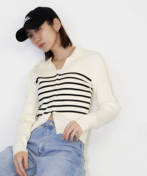Auntie Rosa Holiday（アンティローザホリデー）の「ボーダーニットポロカーディガン / トップス（カーディガン/ボレロ・レディース・ブラック/アイボリー・FREE）」の12枚目の写真