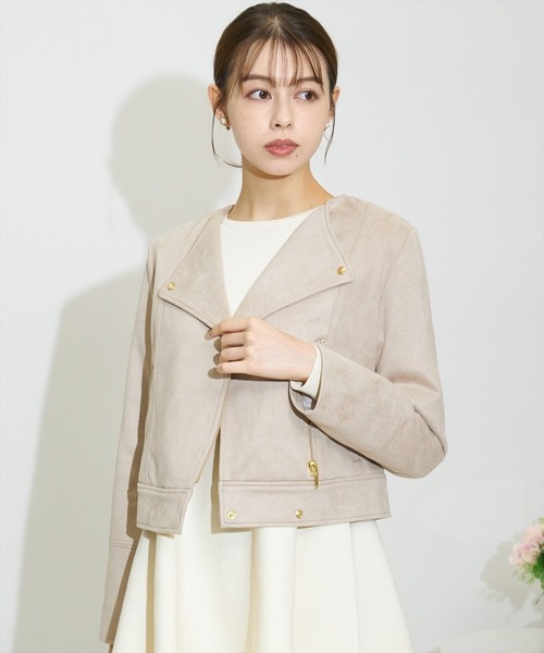 SWINGLE（スウィングル）の「★エコスエードダブルライダースジャケット（ライダースジャケット・レディース・アイボリー/ベージュ/ミント/ピンク・SMALL/MEDIUM）」の9枚目の写真