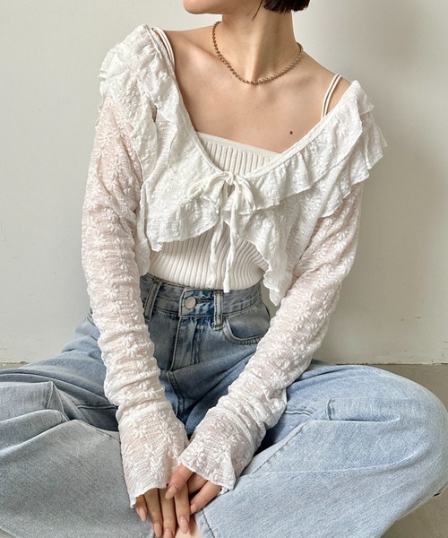 CLEA（クレア）の「ラッフルフリルクロップド丈レースボレロ（カーディガン/ボレロ・レディース・アイボリー/ホワイト・FREE）」の9枚目の写真