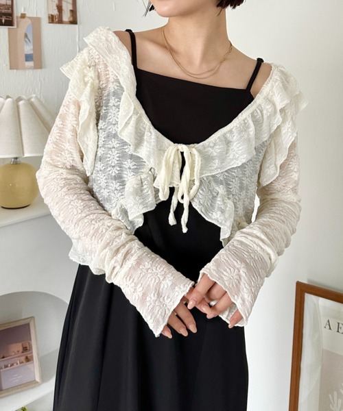 セール】ラッフルフリルクロップド丈レースボレロ（カーディガン