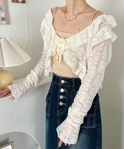 セール】ラッフルフリルクロップド丈レースボレロ（カーディガン