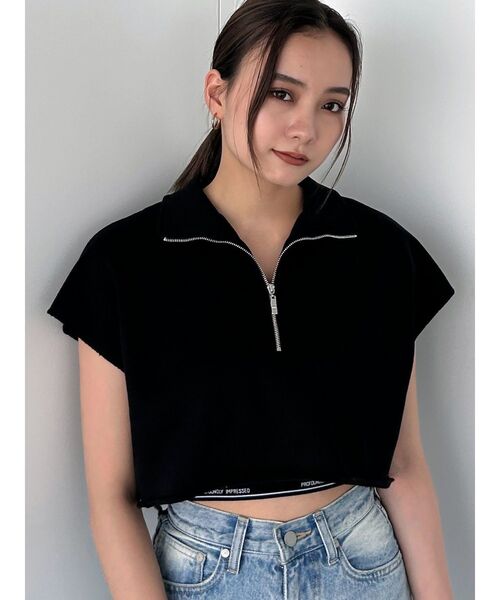 EMODA（エモダ）の「カバーハーフジップトップ（Tシャツ/カットソー・レディース・ホワイト/グレー/ブラック/ブルー・FREE）」の2枚目の写真