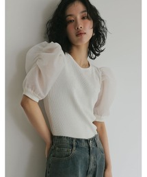 [2024 SUMMER COLLECTION]無地orドットオーガンジードッキングパフスリーブトップス