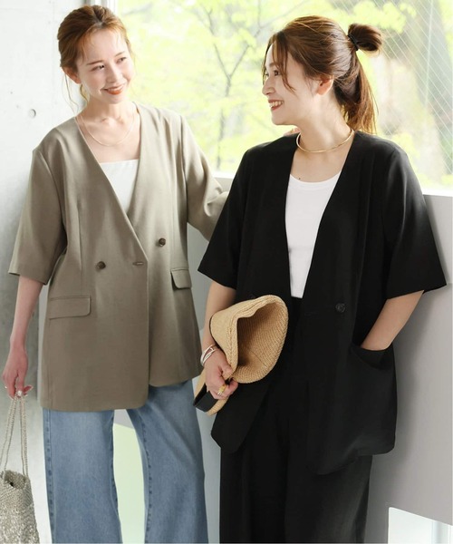 JOURNAL STANDARD（ジャーナルスタンダード）の「《追加3》アイアスストレッチハーフスリーブジャケット（ノーカラージャケット・レディース・ブラック/ベージュ・FREE）」の2枚目の写真