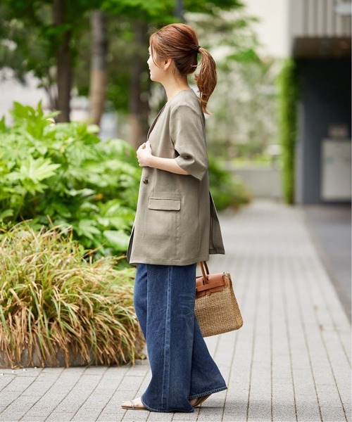 JOURNAL STANDARD（ジャーナルスタンダード）の「《追加3》アイアスストレッチハーフスリーブジャケット（ノーカラージャケット・レディース・ブラック/ベージュ・FREE）」の3枚目の写真