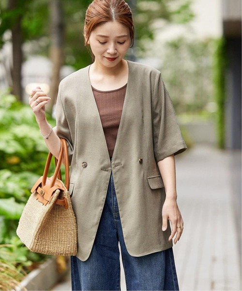 JOURNAL STANDARD（ジャーナルスタンダード）の「《追加3》アイアスストレッチハーフスリーブジャケット（ノーカラージャケット・レディース・ブラック/ベージュ・FREE）」の4枚目の写真