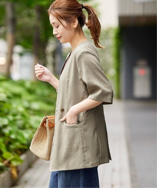 JOURNAL STANDARD（ジャーナルスタンダード）の「《追加3》アイアスストレッチハーフスリーブジャケット（ノーカラージャケット・レディース・ブラック/ベージュ・FREE）」の5枚目の写真