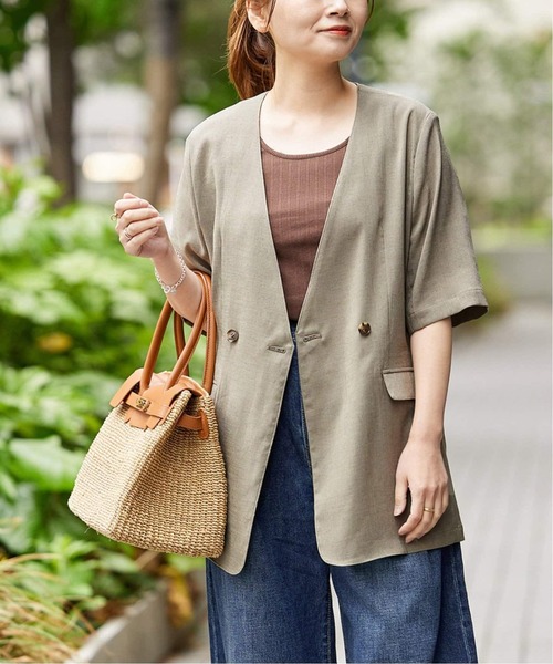 JOURNAL STANDARD（ジャーナルスタンダード）の「《追加3》アイアスストレッチハーフスリーブジャケット（ノーカラージャケット・レディース・ブラック/ベージュ・FREE）」の6枚目の写真