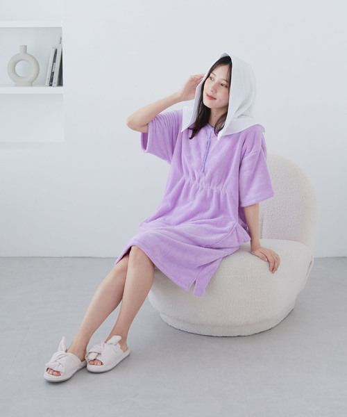 cross marche（クロスマルシェ）の「【MUSEE】前開き湯上りワンピース（ガウン/バスローブ・レディース・ブラウン/ネイビー/ラベンダー・M/L）」の4枚目の写真