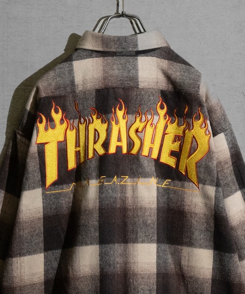 ブラウス シャツ 「THRASHER/スラッシャー」ファイアーロゴバック刺繍ルーズサイズ 長袖チェックシャツネルシャツ レディース メンズ THRASHER バック刺繍ルーズサイズネルチェックシャツ メンズ