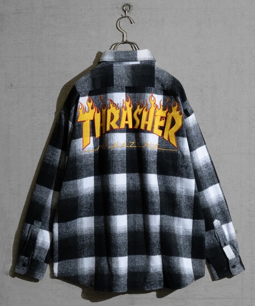 ブラウス シャツ 「THRASHER/スラッシャー」ファイアーロゴバック刺繍ルーズサイズ 長袖チェックシャツネルシャツ レディース メンズ THRASHER バック刺繍ルーズサイズネルチェックシャツ メンズ