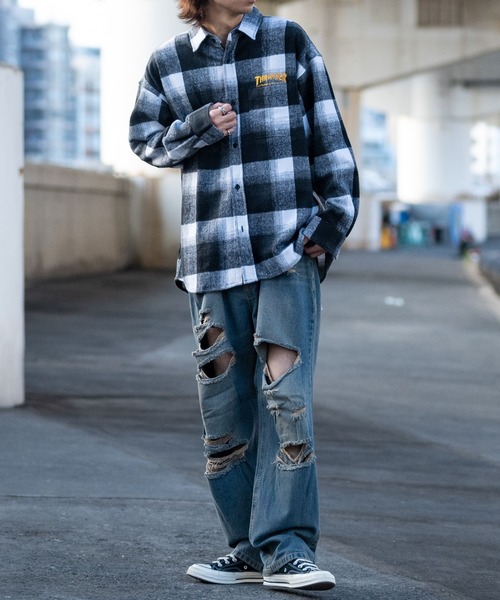 THRASHER（スラッシャー）の「【at】〔THRASHER〕オンブレチェック バック刺繍 オーバーサイズ ネルシャツ（シャツ/ブラウス・メンズ・ブラウン/ブラック・X-LARGE/MEDIUM/LARGE）」の6枚目の写真