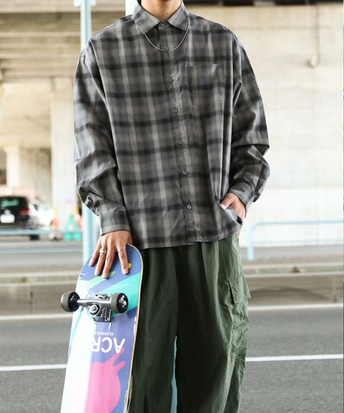 ZIP FIVE（ジップファイブ）の「【ZIP FIVE】 CVCブロード 長袖 レギュラーカラー チェック ＆ ストライプ オーバーサイズ シャツ（シャツ/ブラウス・メンズ・ブルー/ブラウン系/チャコール/ブラック系/ブラック系1・MEDIUM/LARGE/X-LARGE）」の13枚目の写真
