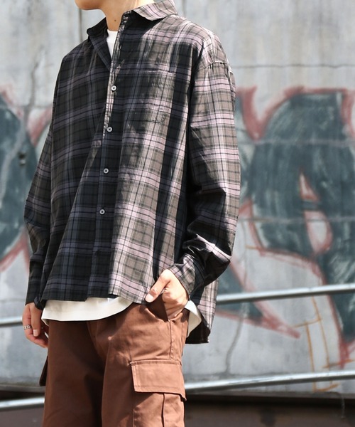 ZIP FIVE（ジップファイブ）の「【ZIP FIVE】 CVCブロード 長袖 レギュラーカラー チェック ＆ ストライプ オーバーサイズ シャツ（シャツ/ブラウス・メンズ・ブルー/ブラウン系/チャコール/ブラック系/ブラック系1・MEDIUM/LARGE/X-LARGE）」の6枚目の写真