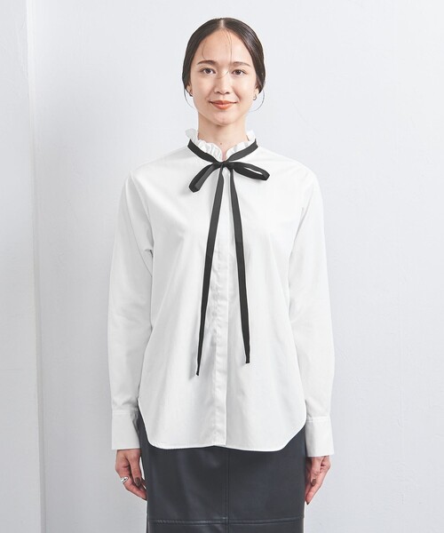 ユナイテッドアローズ　リボン付き長袖　フリルホワイトシャツ UNITED ARROWS（ユナイテッドアローズ）の「フリル リボン ボウタイ