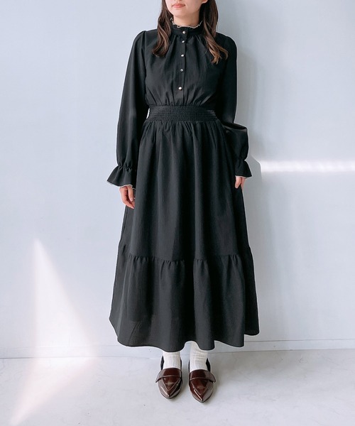 タグ付 組曲【2WAY】ラメフラノ フリル襟ワンピース ブラック系 2 前後