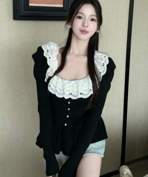 セール】レース衿使い裾フリルデザインロングスリーブトップス（ニット